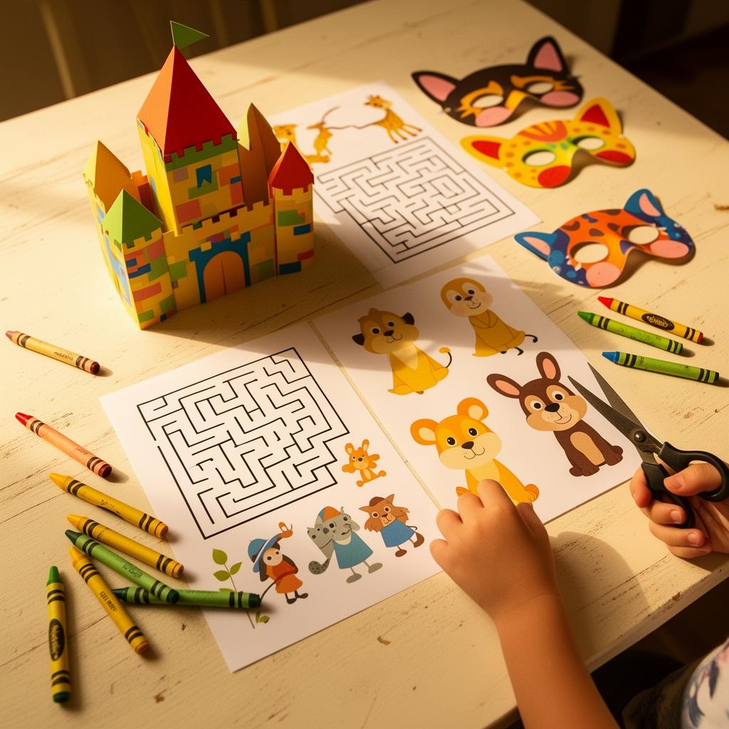 Printed activity kit spread out on the table with crayons